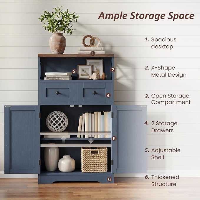 Farmhouse Storage Cabinet with Drawers, Small Kitchen Pantry Cabinet, Blue | Accent Coffee Bar Cabinet Cupboard, 2 Drawers, 2 Barn Doors & Adjustable Shelves, for Kitchen/Entryway/Living Room/Bathroom