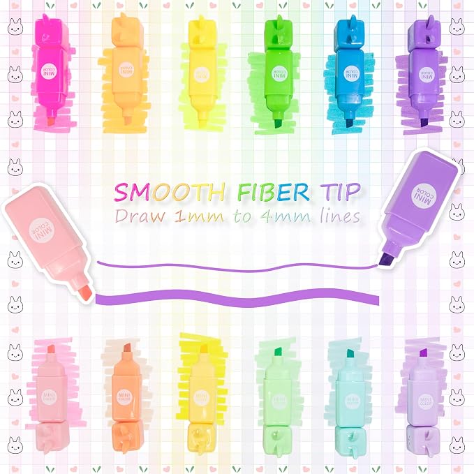 Rabbit Pastel Highlighters, 12 Soft Colors, Chisel Tip Markers | Cute No Bleed & Quick Dry Highlighters for School, Journals & Notes