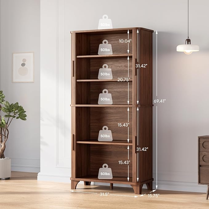 Decofy 69" Tall Kitchen Pantry Storage Cabinet with Sliding Door, Modern Curved Edge Pantry Storage Cabinet with 5 Shelves, Cupboard for the Kitchen, Dining Room, Bedroom, Living Room, Office (Walnut)