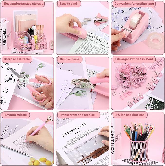 13-in-1 Office Desk Organizer Set for Back to School Supplies Accessories | Organizer Set with Stapler and Tape Dispenser, Pen Holder, Scissors, Ruler, Hole Punch, 2 Pens & More Desk Supplies