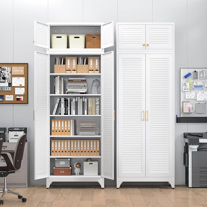 90" Tall Kitchen Pantry Cabinet, Metal Storage Cabinet with Doors | Kitchen Cabinet with 4 Adjustable Shelves, White Freestanding Cupboard for Kitchen, Garage, Living Room, Home Office, School