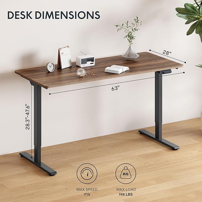 FLEXISPOT 63"x28" Large Dual Motor Electric Standing Desk, Black Walnut - 198 LBS Heavy-Duty Capacity, Ideal for Home Office, Creative Studio, or Multi-Monitor Setup