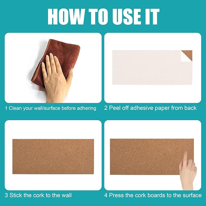 SUNGIFT 17 x 8 Inch Cork Bulletin Board 6 Pack, 1/2" Thick for Office/Home | Frameless Cork Tiles for School, Self-Adhesive Corkboards Wall Decor , 50 PCS Pushpins Included