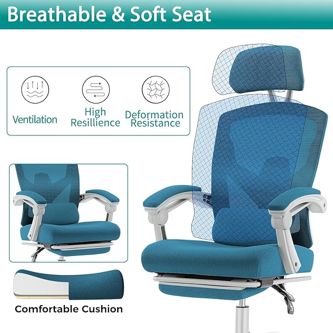 DUMOS Home Office Desk Chair with Footrest, High-Back Mesh Rolling Swivel Reclining Chairs with Wheels, Comfortable Headrest, Lumbar Support, Comfy Arms for Home, Office, Gaming, Student, Elegant Blue