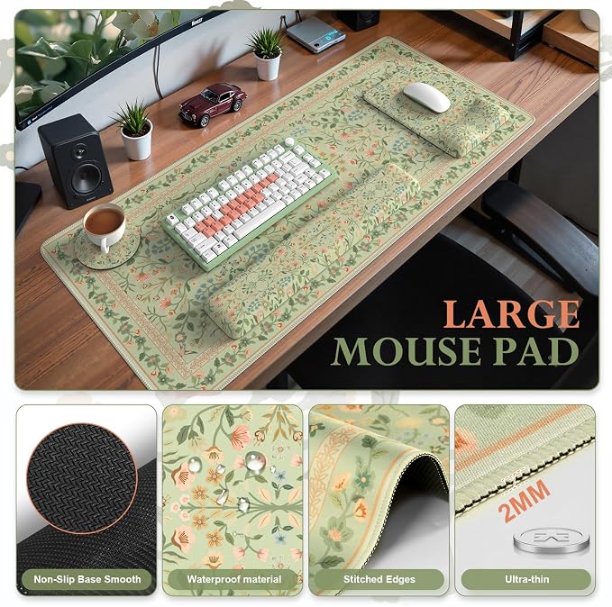 iCasso Mouse Pad with Wrist Rest, Large Desk Mat Set, Bean Green | Ergonomic Keyboard Pad with Wrist Support, Non-Slip Mouse Mat for Women, Cute Floral Computer Mat for Home Office Gaming