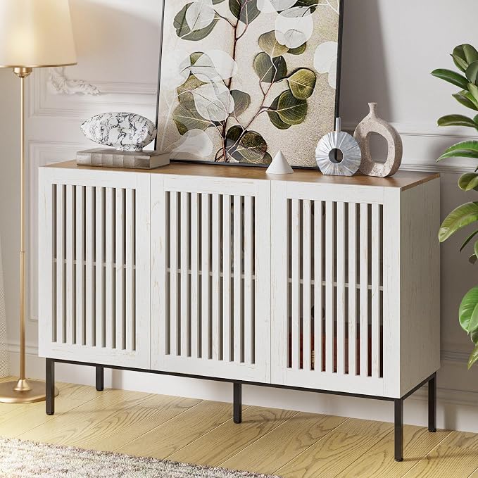 BVIUNTWO 47" Farmhouse Buffet Cabinet with Metal Base, Adjustable Shelves & 3 Doors, Antique White Storage Sideboard for Kitchen, Dining & Living Room