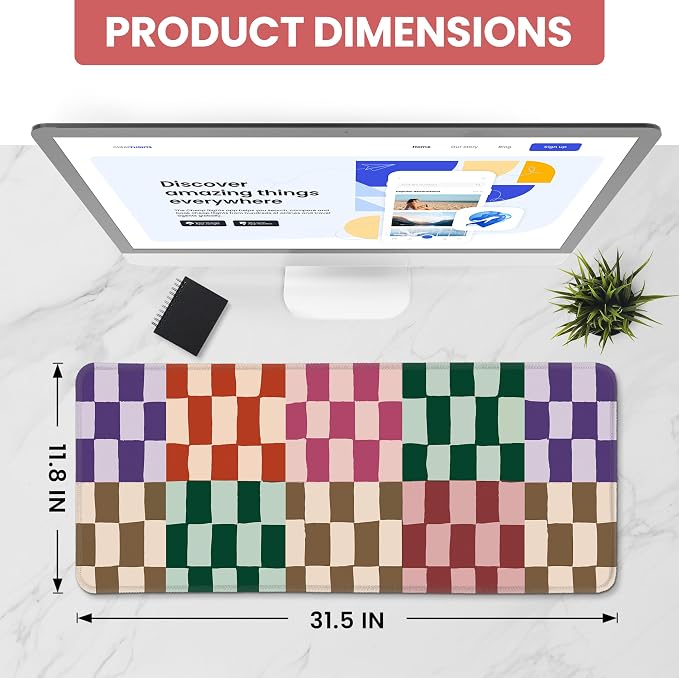 Aesthetic Desk Mat, Cute Checkered Pattern Desk Pad Protector for Work & Decor, 31.5" x 11.8", Pretty Non-Slip Extended Mouse Pad for Office or Home