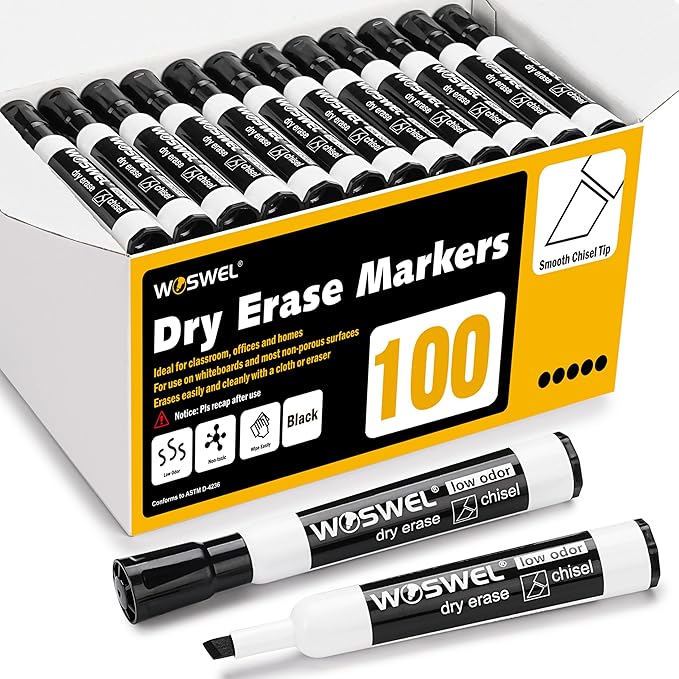 Dry Erase Markers Bulk, Chisel Tip Whiteboard Markers, Low Odor Thick Dry Markers, 100 Black Color for Teachers, Classroom, Office & Home Use