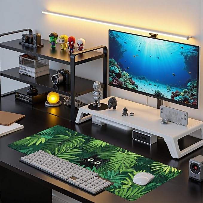 Cute Black Cat Mouse Pad Desk Mat XL Extended Large Gaming Desk Pad Mousepad, Oil Painting Art Floret Computer Laptop Keyboard and Mouse Mat, Desktop Protector Mat for Office and Home 31.5x11.8 in