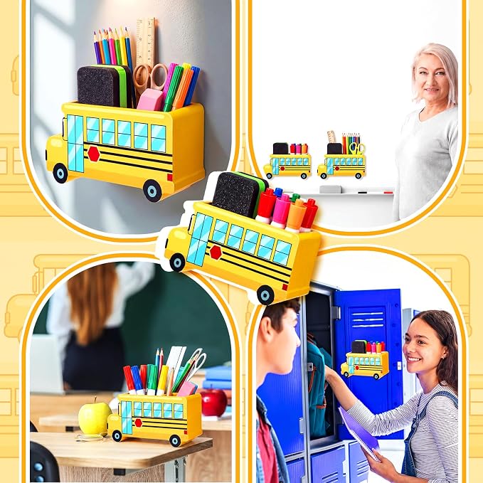 Yookeer 2 Pcs School Bus Magnetic Marker Holder for Classroom Whiteboard | Reusable Magnetic School Locker Organizer Decor, Wood Magnet Dry Erase Pen Holder, for Classroom Office Organizer Accessories
