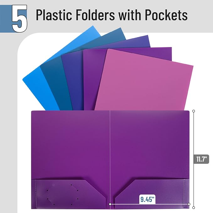 Mr. Pen- Plastic Folders with Pockets, 5 pcs | Aesthetic File Folder with Business Card Slot, 2-Pocket Folder, Back to School, Office, Filing Supplies