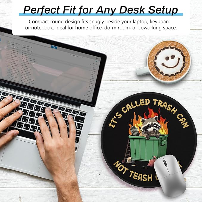 Gctriki Trash Raccoon Mouse Pad - 8.6 Inch Round Non-Slip Office Desk Mat, Cute Humorous Gift for Coworkers Boss, Premium Stitched Washable Mousepad for Computer Laptop Funny Office Desk Accessories