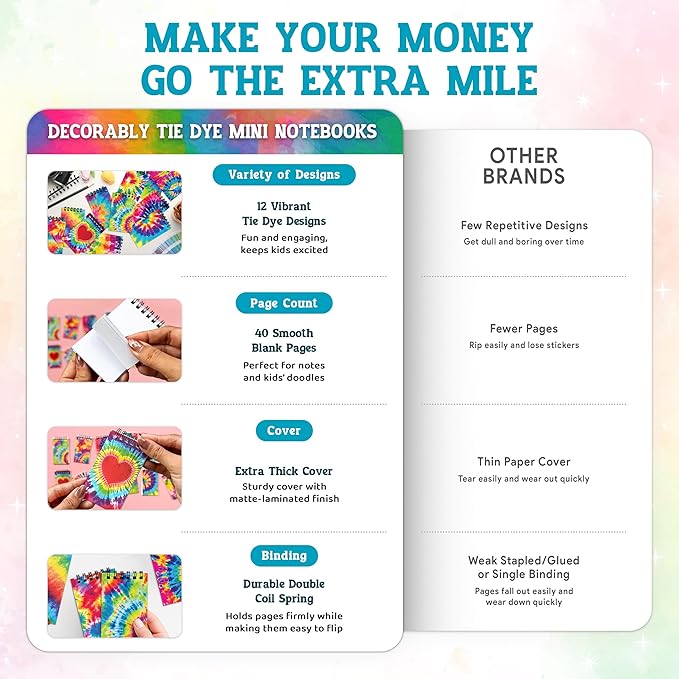 Decorably 24 Pack Spiral Tie Dye Party Favors for Kids 8-12 - 12 Colorful Designs 2.4x4in Small Notebook, Spring-Bound with 20 Sheets - Gifts for Birthday, Baby Shower, Children's Party, School