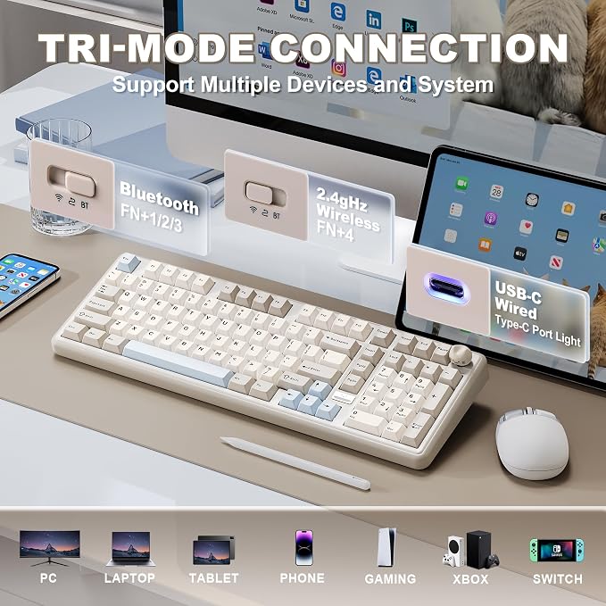 YUNZII B98 PRO 96% Wireless Mechanical Keyboard(Beige, Candy Switch) | QMK/VIA, with Numpad, Dual-Style Knob Design, Creamy Pre-Lubed Switches, Hot Swap, Gasket Mount, RGB for Gaming/Win/Mac