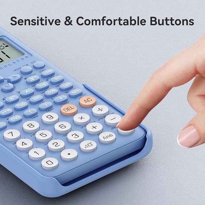 991MS 401 Functions 2-Line Display Desktop Calculator with Sliding Cover | ROATEE Scientific Calculator School Supplies Solar Battery Dual Power Kawaii for Middle High School Student and Teacher Blue