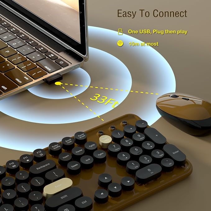Links9+ Wireless Typewriter Keyboard and Mouse Combo (Coffee-Black) | Full-Size Retro Round Keycaps, Clicky Typing, Ergonomic Design, Smart Auto-Sleep, Perfect for Office, Home and School