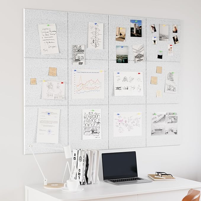 Large Cork Board for Wall, 48" x 36" Bulletin Board with Pushpins, 12 Panels Felt Tiles Tack Push Pin Board for Office, Silver Gray