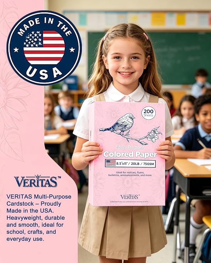 WritePads Veritas Colored Copy Paper, Pink Colored Printer Paper 8.5” x 11”, 20 lb / 75 GSM, 200 Sheets (1 Reams) Computer Paper, Multi-Purpose paper, Made in USA