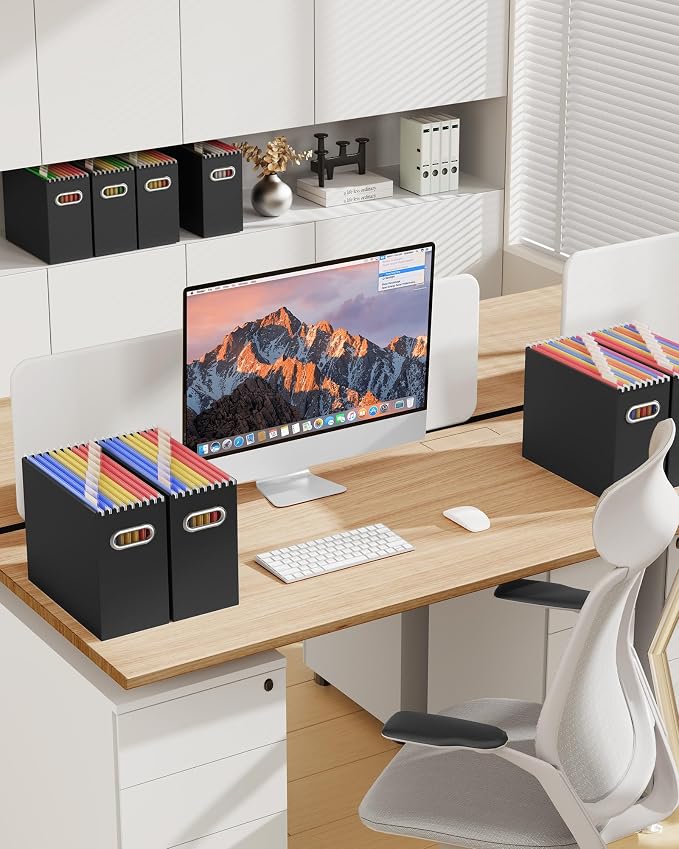 Portable Collapsible Cardboard File Box with Handle for Letter-Size | 8-Pack. Stainless Steel Handle. Label Stickers Included. Fits Letter Folders (Not Included). Home, Office, School, Dorm, Tax.