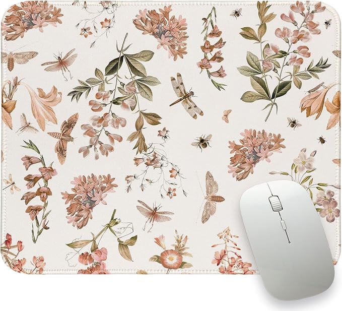 Floral Fall Mouse Pad Brown Red Boho Small Mousepad, Autumn Insect Mouse Pads for Laptop Desk, Flower Cute Mouse Pad for Computers Aesthetic Fall Office Desk Accessories for Women 11.8x9.8