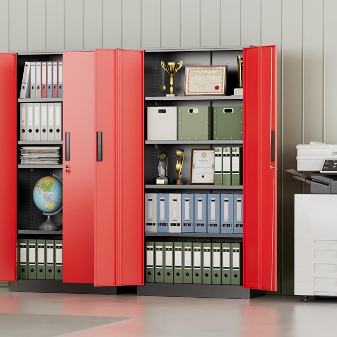 Metal Storage Cabinet,72" Steel Lockable File Cabinet with Locking Doors and Adjustable Shelves,Locking Tool Cabinets for Office,Home,Garage,Gym,School (Black Red)