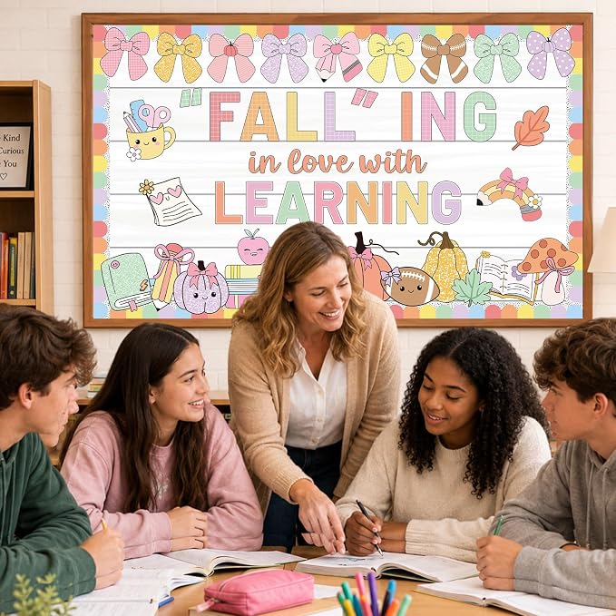 Pastel Fall Thanksgiving Bulletin Board Decorations Set Falling in Love with Learning Classroom Decor Maple Leaves Pumpkin Paper Cutouts for First Day of School Office Harvest Chalkboard Wall Supplie
