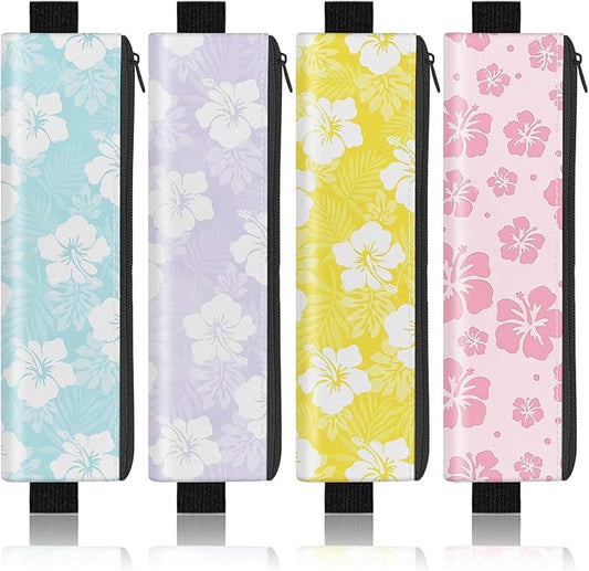 4 Pack Elastic Pen Holder for Notebook, Prints Pen Pouch with Elastic Band and Zipper, Leather Pen Holder for Planners, Journals, Book (Hibiscus)
