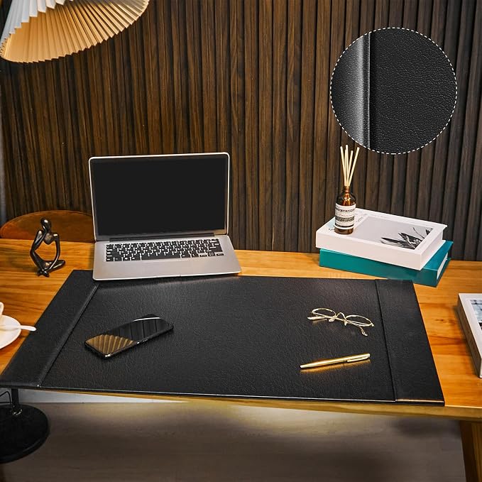 26.5 x 17.3 Inch Leather Desk Pad with Side Rails Mat, Black | Executive Office Desk Mat, Smooth Writing Surface, Desktop Protector Covers Mouse Keyboard, Elegant Gift, Men Dad Husband