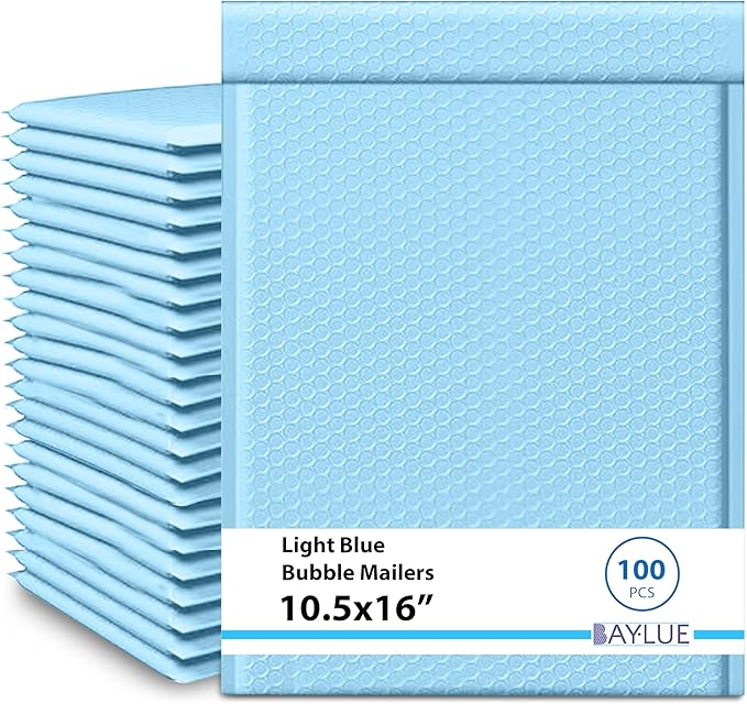 Light Blue 10.5x16 Inch Poly Bubble Mailers #5 | Self Seal Large Padded Envelopes Air Cushioned Bubble Mailer | Usable Size 10.5x15 Inch | Waterproof Lightweight Mailing Shipping Bags | 100 Pack Bulk