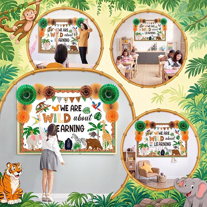 70 Pcs Jungle Bulletin Board Decorations with Paper Fans 3D Safari Animal Classroom Bulletin Board We are Wild About Learning Educational Cutouts for Back to School Office Wall Decor Supplies