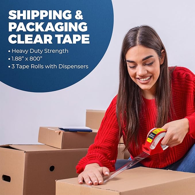 Heavy Duty Packing Tape with Dispenser 1.5" Core, Clear Shipping Tape for Boxes, Packaging, Mailing & Moving Supplies - 1.88 in. x 22.2 Pack of 6