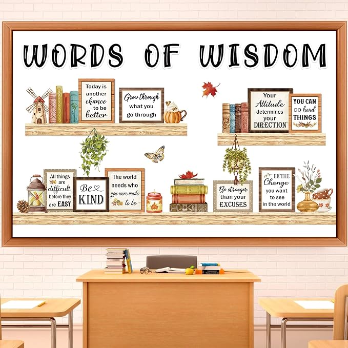 Qilery Bookshelf Bulletin Board Set, Motivational Words of Wisdom Cutouts | Rustic Boho Library Reading Nook Wall Posters, Inspirational Teacher Supplies for Back to School Classroom Decor