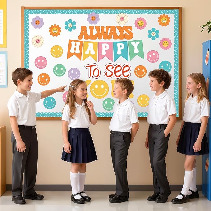 54Pcs Smile Face Bulletin Board Decorations Set, Always Happy to See You Bulletin Board, Colourful Happy Face Paper Cutouts for Back to School Classroom Teacher Supplies Office Door Wall Decor