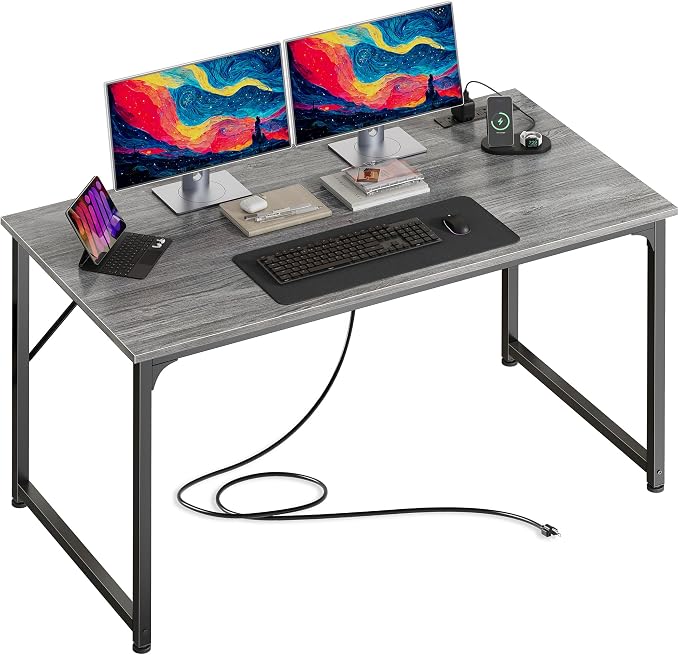47 X 24 Inch Deeper Desk with Power Outlets | Computer Desk for Bedroom, Office Desk for Work from Home, Writing Study Gaming Table, Stable Metal Frame, Grey