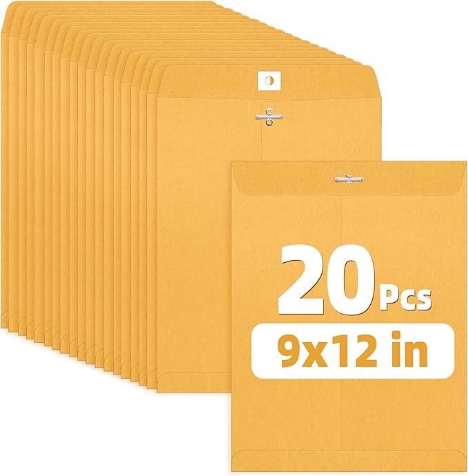 SUNEE Envelops, 9"x12" Brown Kraft Envelopes with Clasp Closure, 28-lb Paper Mailing Envelopes, 20 Count, Great for Filing, Storing or Mailing Documents