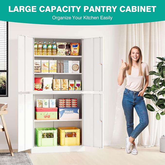 Metal Storage Cabinet with 3 Adjustable Shelves,Garage Storage Cabinet with Lock,White Metal Cabinets with Locking Doors,71" 4 Door Pantry Cabinet,Lockable Cabinets for Home,Office,Garage,Kitchen