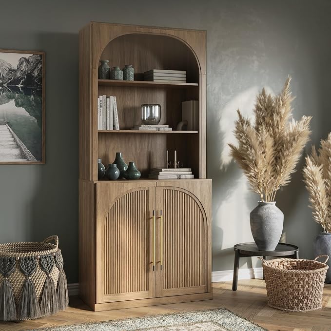 BELLEZE 72" Modern Wood Bookshelf with Arched Doors,Tall Storage Cabinet with Hutch and 3-Tier Shelves, Display Curio Cabinet for Kitchen, Dining Room, Living Room, or Office, Camel