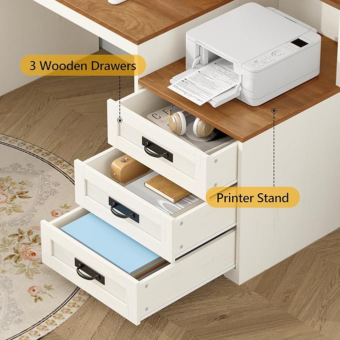 65" Farmhouse Computer Desk with Drawers and Printer Stand for Home Office | Office Desk with Power Outlets and Storage Cabinet, Study Writing Desks with Long Monitor Stand, Brown and White