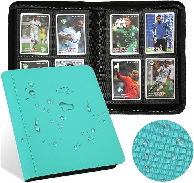 4 Pocket Ringless Side Loading Trading Card Binder, 160 Cards PU Fixed Page Zipper Card Album for TCG Sports Game Cards, Not Fit Top Loaders (Lake Blue)