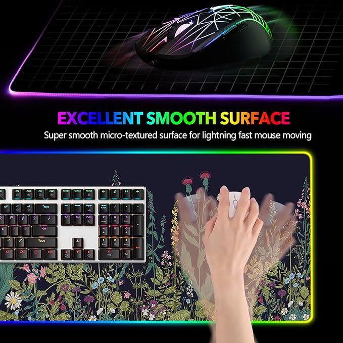 RGB Gaming Mouse Pad Large, AIMSA Keyboard Led Mousepad Extended 35.4 x 15.8 inch Non-Slip Rubber Base with 14 Lighting Modes, Big Desk Mat Waterproof, Flowers Plants