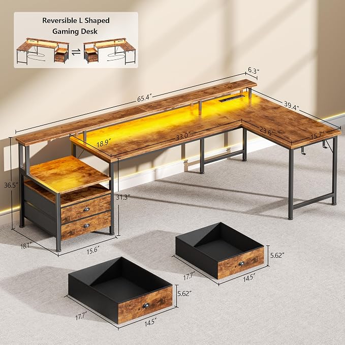 Korfile 66'' L Shaped Computer Desk with Storage Drawers, Power Outlet, LED | Large Office Desk with Host Stand, Reversible Corner Design for Gaming, Work, Home Office, Study Room, Bedroom