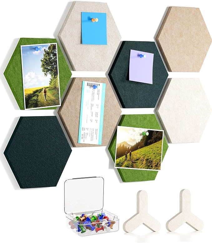 MaxGear Hexagon Bulletin Board, Small Cork Board Office Decor Gradual Green | Cork Boards For Walls Alternative, 8Pcs Felt Wall Panels, Vision Board Pictrure Room Wall Decor With Push Pins
