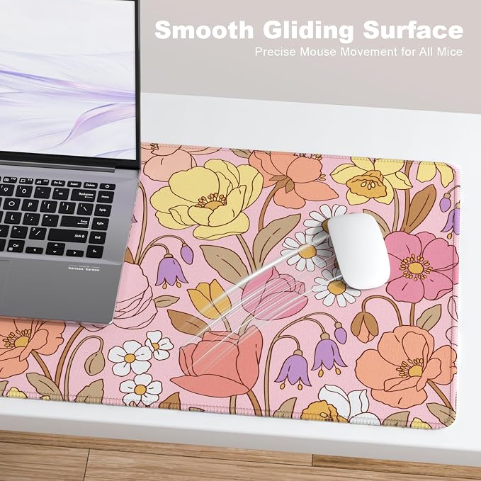 Desk Mat, Large Gaming Mouse Pad, 32" x 12", Boho Pink Tulip | Waterproof Desk Pad, Non-Slip Rubber Base, Desktop Mat with Stitched Edges, Desk Accessories for Office, Work, Home