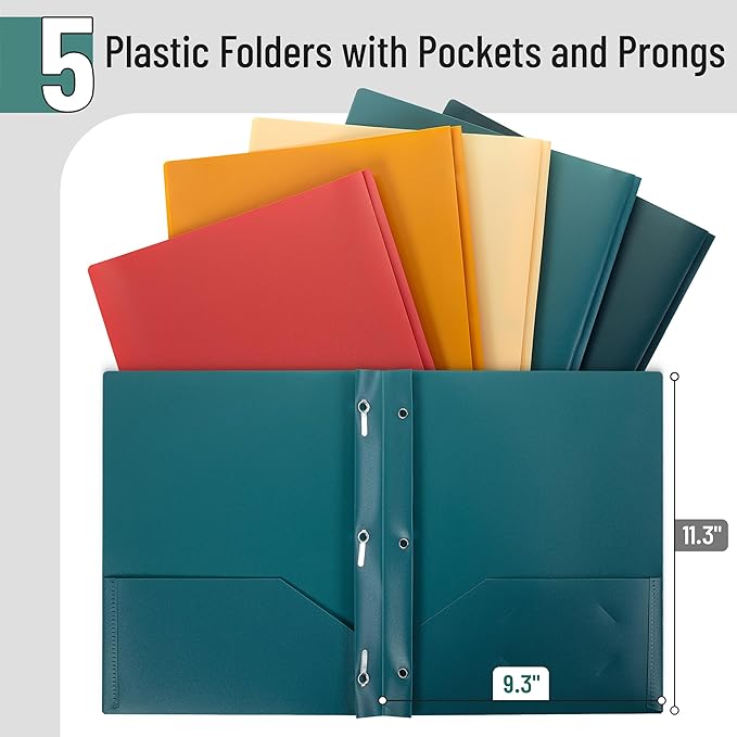 Mr. Pen- Plastic Folders with Pockets and Prongs, 5 Pack, Letter Size, Vintage and Retro, Flexible Plastic Folders with Prongs