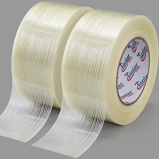 Filament Strapping Tape 2" x 60Yd 2 Rolls Fiberglass Reinforced | Heavy duty fiberglass reinforced strapping tape for shipping, pallet securing and industrial bundling