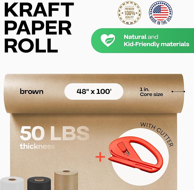 Brown Paper Roll 48" x 1200" (100 feet) with Cutter - USA-Made | Wrapping Kraft Paper for Packing, Moving, Shipping & Crafts/Arts - 100% Recyclable Natural Craft Material by IDL Packaging
