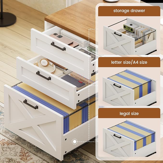 SEDETA 67" Farmhouse L Shaped Desk with Hutch, White+Brown | Home Office Desks with Drawers & Sliding Doors,Executive Corner Computer Desk with Storage Shelves,Power Outlets,LED Lights