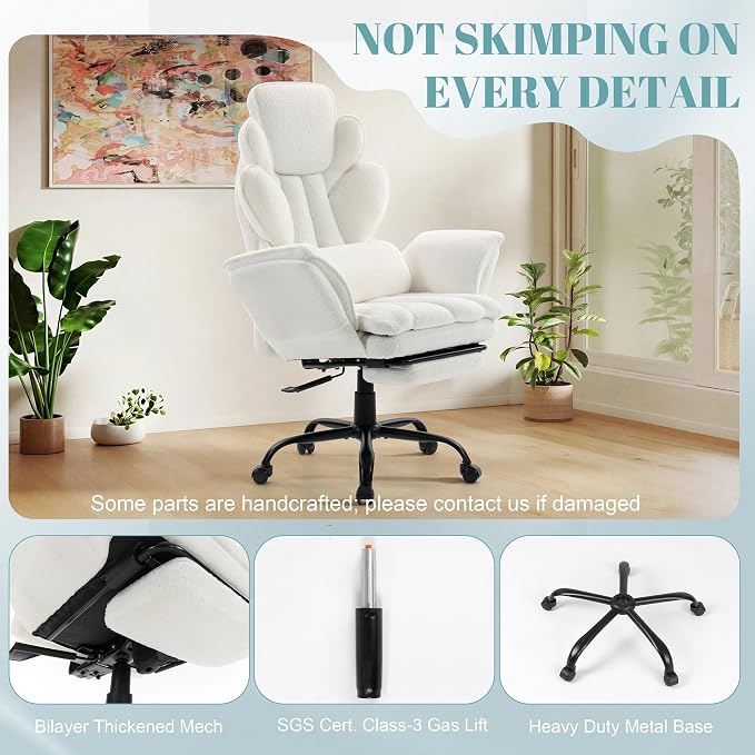 Flip Armrests Criss Cross Office Chair, Reclining Office Chair with Foot Rest, Adjustable Headrest, Massage Waist Pillow, Cross Legged Big and Tall Desk Chair Wide Seat Vanity Chair, White Fabric