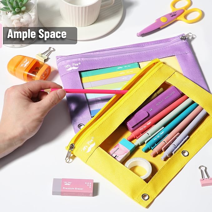 Mr. Pen- Pencil Pouch for 3 Ring Binder, 2 Pack, 10"x6.75", Smooth Zipper | Clear Window, Large Capacity Pencil Case with 3 Reinforced Grommets for School, Office, Supplies Storage | Clear Window, Large Capacity Pencil Case with 3 Reinforced Grommets f...