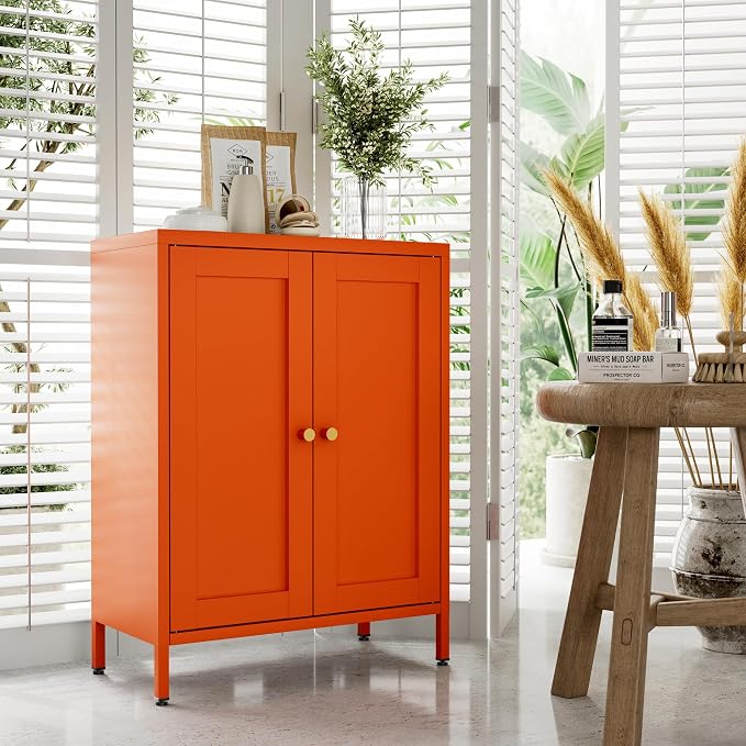 Bevivog Small Bathroom Storage Cabinet, Orange Metal Locker with 2 Doors and 2 Adjustable Shelves, Small Locker Cabinet Sideboard for Home Office, Living Room, Hallway, Entryway